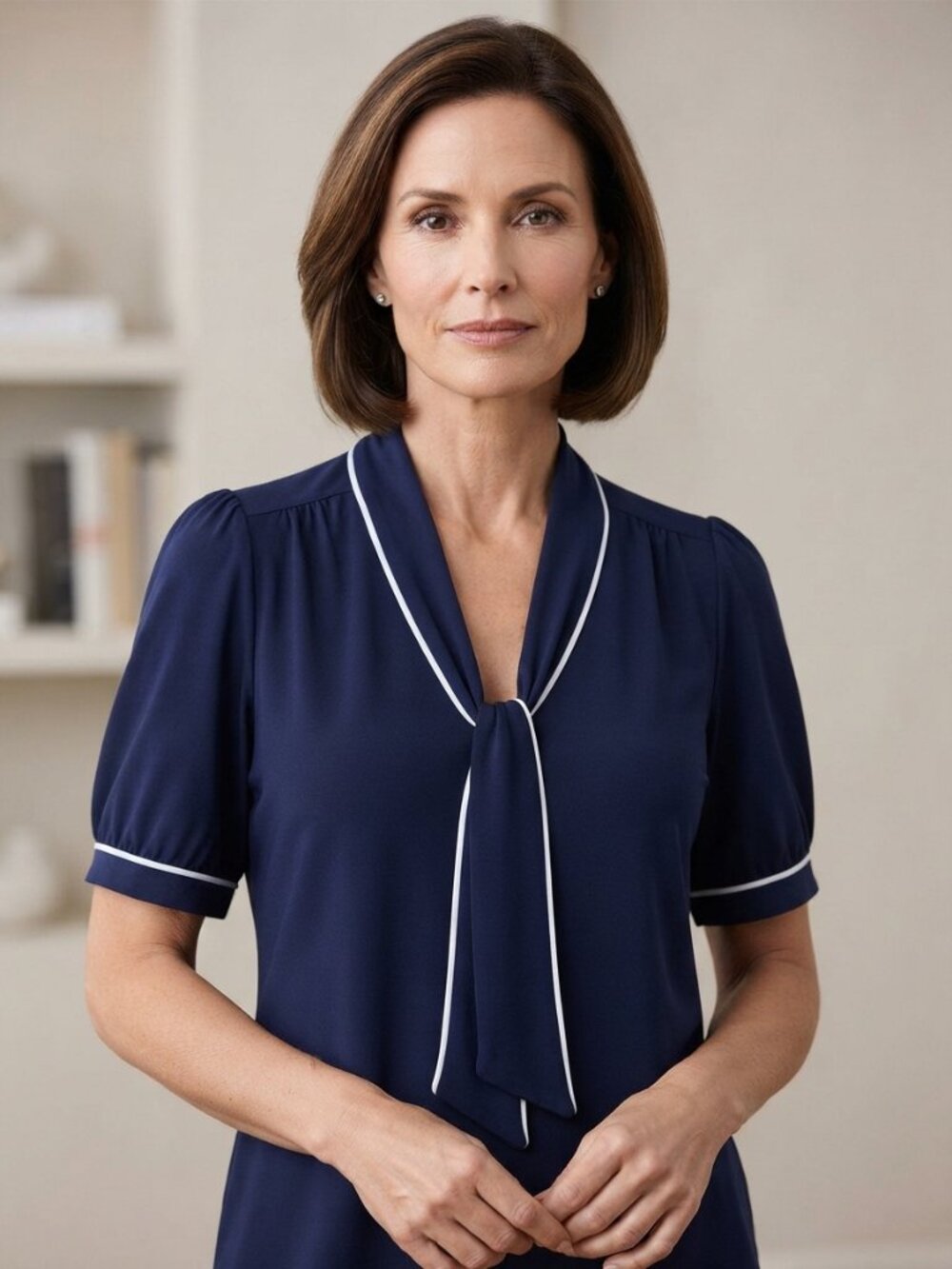 Anne Klein NWT Navy Blue Tie Neck Blouse White Trim Short Sleeve Sz L